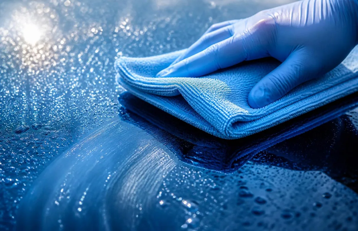 Blaue Reinigungshandschuhe mit Mikrofasertuch auf einer Glasfläche